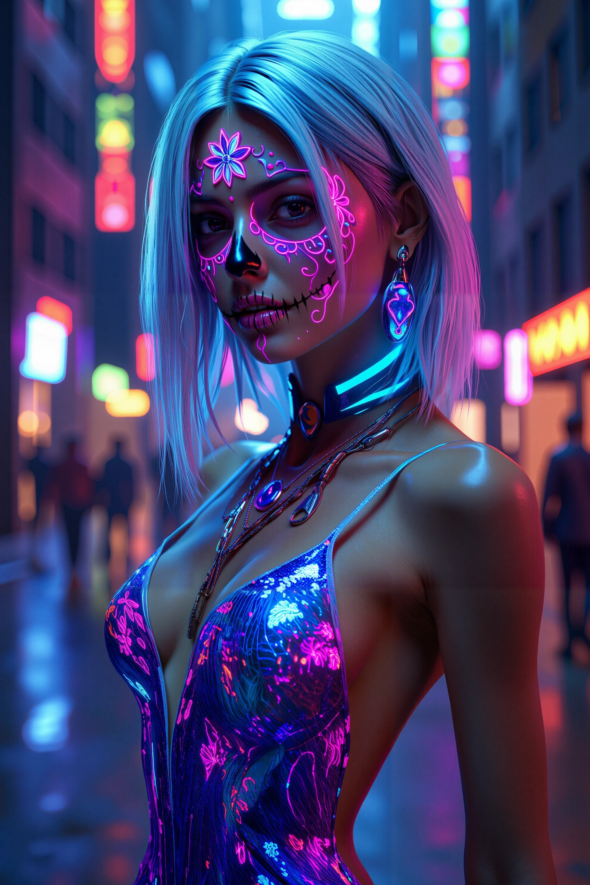 Woneon_facepaintflx, A captivating woman with silver hair and neon-geometric sugar skull face paint, with bold neon lines intersecting her face, standing in a futuristic neon metropolis, holographic neon dress and accessories that glow in sync with the city lights, photo-realistic, highly detailed, hyperrealistic, with futuristic lighting