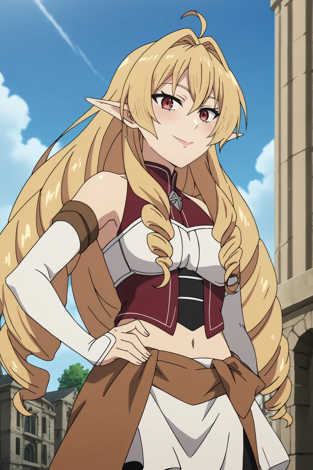 
elinalise dragonroad,1girl,solo,looking_at_viewer,long hair,pointy ears,ahoge,drill hair,navel,elf,bare shoulders,hair between eyes,smile
BREAK
outdoors,blue sky,sunshine,sun,old city,ruins




<lora:Elinalise_Dragonroad_-_Mushoku_Tensei.safetensors:0.8>