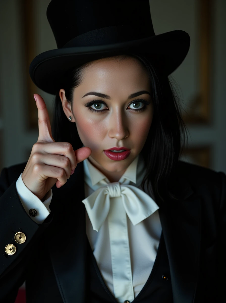 upper body photo of a dressed woman beckon with a finger, seductive, with sleek side swept hair, her pale skin has a high detailed texture and shows details like moles, small hairs and pores, her expression is surprised, she is wearing a Belle Époque gentleman's evening wear with a tailcoat, a white waistcoat, a bow tie, and a top hat, epitomizing the elegance of the era. Set inside, with a cold colors lighting, . <lora:alexclora-000012:1>