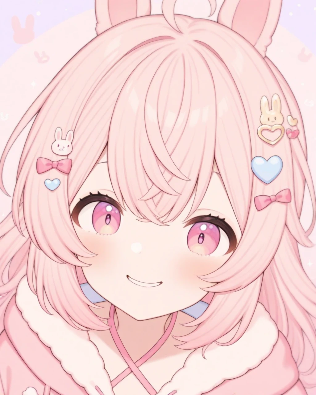 masterpiece, best quality, very aesthetic, absurdres
 pippa, rabbit ears, bangs, virtual youtuber, pink hair, pink eyes, ahoge, looking at viewer, oversized hoodie, hair ornament, upper body, smiling,
 <lora:PIPPA-XLv2-t4-000003:0.6>