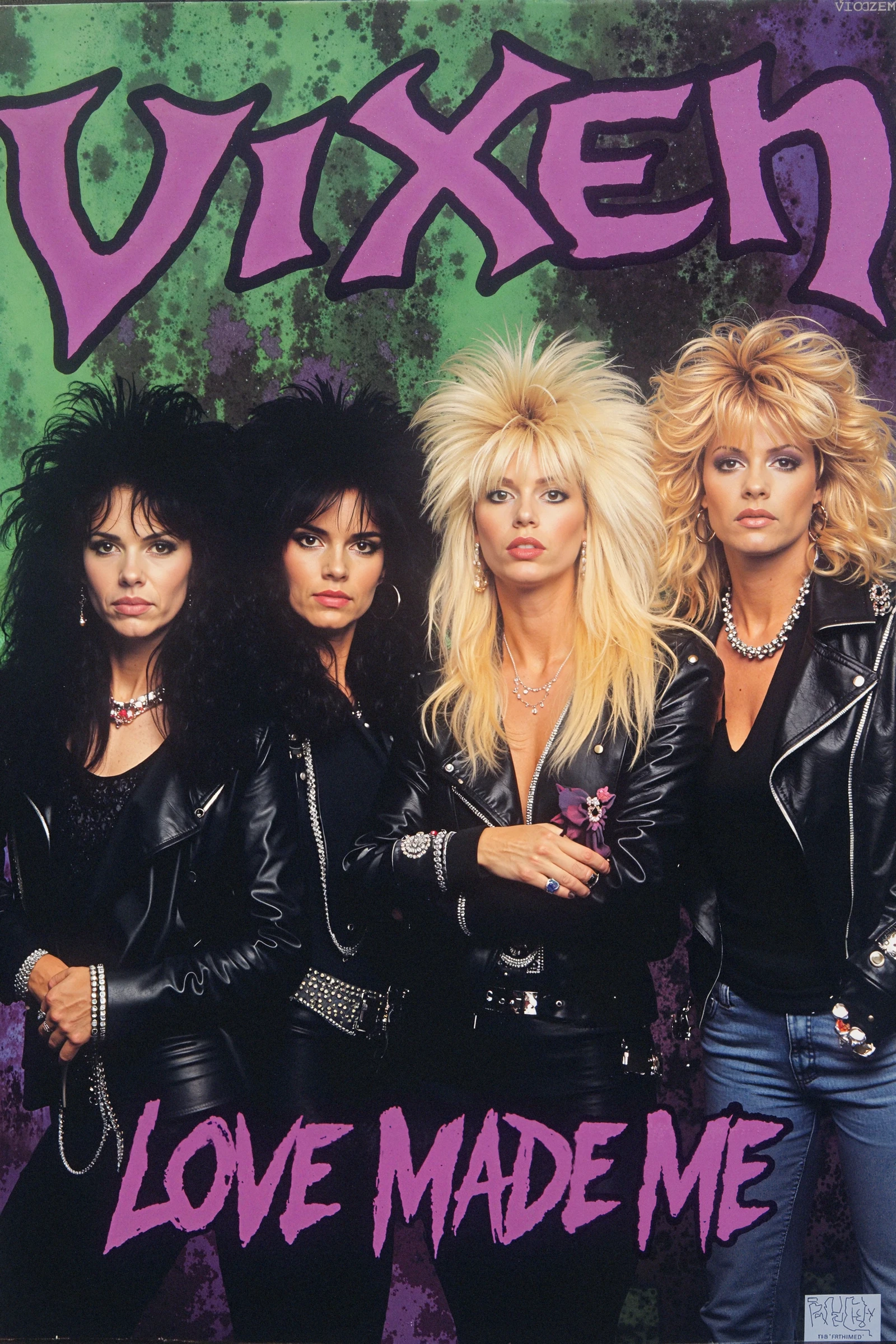 This image is a photograph of a vibrant,colorful album cover.  The central focus is a group of four women,each with long,voluminous hair styled in a dramatic,80s rock fashion.  They are standing side by side,facing forward,and their outfits are dark,adding to the rock band aesthetic.  The woman on the far left has dark hair and is wearing a leather jacket.  The second woman from the left has blonde hair and is wearing a black leather jacket with a metal chain.  The third woman has blonde hair and a black top with a lace pattern,while the woman on the far right has blonde hair and is wearing a black leather jacket and a dark top. In the background,there is a textured,abstract design in shades of green and purple,creating a visually dynamic and energetic backdrop.  Above the group,at the top center of the image,is the band's name,"Vixen," written in bold,purple,uppercase letters.  Below the group,the words "Love Made Me" are written in a similar purple font,emphasizing the theme of the song. The overall style of the image is bold and expressive,typical of 80s rock album covers,characterized by bright colors,dramatic hair,and edgy fashion.   <lora:FLUX\FLUX.1-Turbo-Alpha\FLUX.1-Turbo-Alpha.safetensors:1>  <lora:MyTrainings\Test\Metal_Album_Covers_F1D_ARZUMATA.safetensors:0.8>  <lora:FLUX\Styles\Granular Luminosity Style.safetensors:1.2>