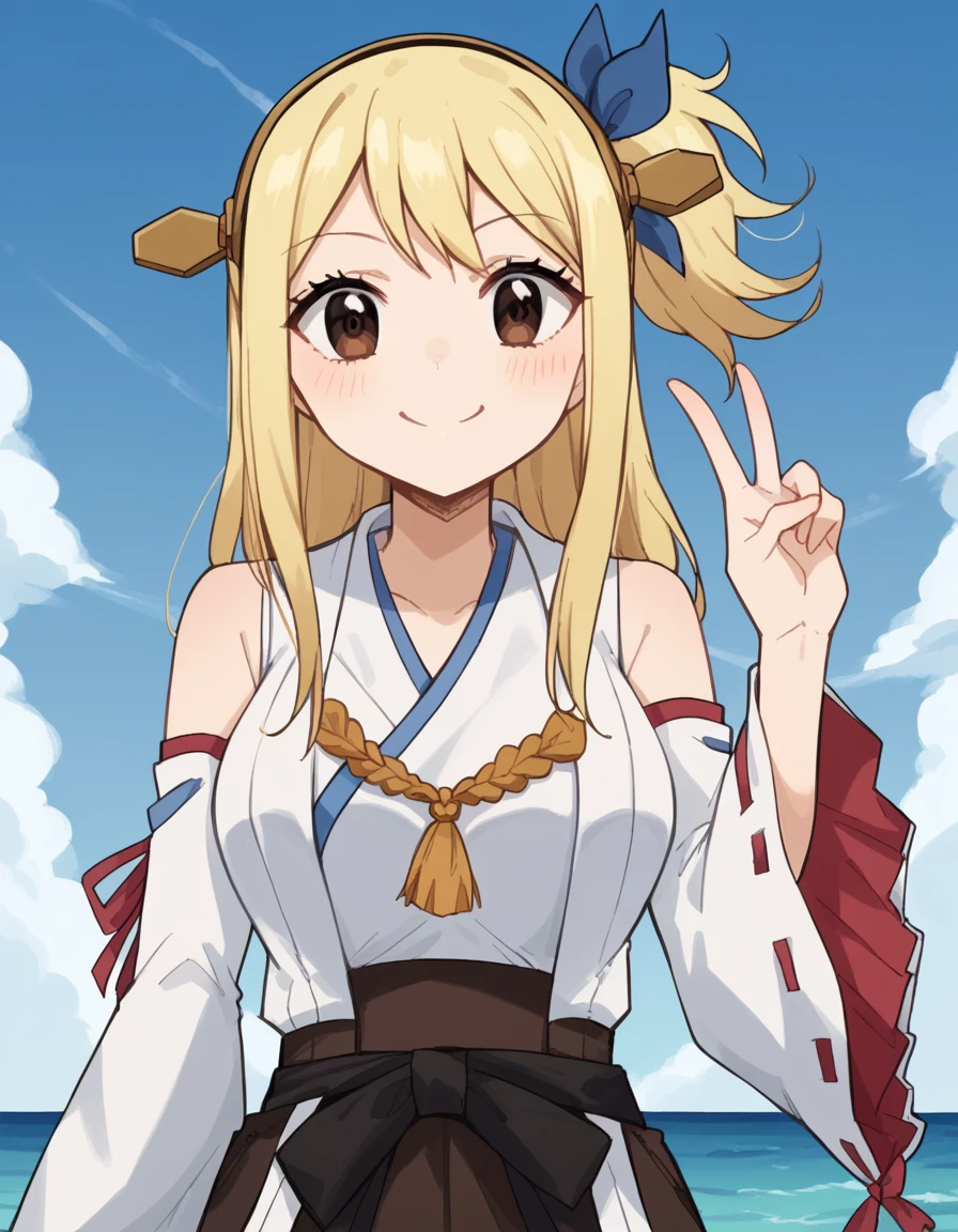 score_9, score_8_up, score_7_up, source_anime, lucyheartfilia, <lora:lucy-heartfilia-s7-ponyxl-lora-nochekaiser:1>, lucy heartfilia, blonde hair, brown eyes, long hair, one side up, ribbon, hair ribbon, blue ribbon, large breasts,, <lora:kancolle-kongou-cosplay-ponyxl-lora-nochekaiser:1>, kancolle kongou cosplay, kongou (kancolle) (cosplay), kongou pose, nontradional miko, cosplay, ribbon-trimmed sleeves, ribbon trim, bare shoulders, headgear,, ocean, smile, blush, blue sky, v, cowboy shot, looking at viewer,