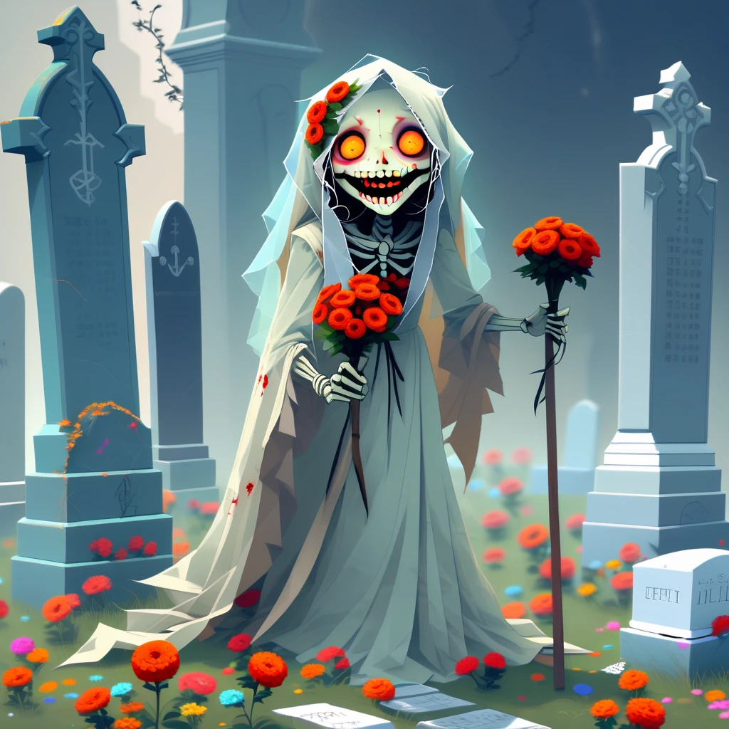 arthw24, holding staff, orange eyes, torn clothes, red eyes, flower, smile, juliet sleeves, simple background, graveyard, sharp teeth, shoes, table, long hair, veil