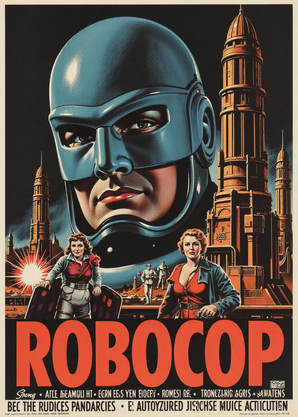 vintage poster for "Robocop" from the 1950s, featuring a pulp art style illustration depicting the movie
