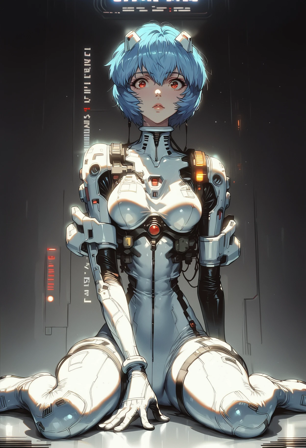 score_9, score_8_up, score_7_up, score_6_up, score_5_up, score_4_up,
solo, 
rei ayanami, innocent, sexy, thin, slender, white bodysuit, skintight,
(full body), partially illuminated, wide eyes, pilot, holographic interface, LCD panel, LCD lights, (lens flare)