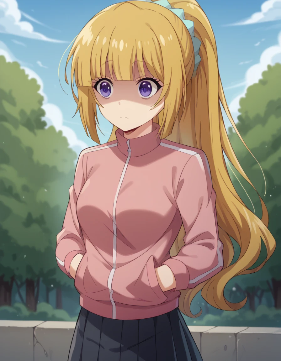 score_9, score_8_up, score_7_up, source_anime, keikaruizawa, <lora:kei-karuizawa-anime-s2-ponyxl-lora-nochekaiser:1>, kei karuizawa, long hair, bangs, blunt bangs, purple eyes, blonde hair, hair ornament, ponytail, scrunchie, blue scrunchie, medium breasts,, <lora:gotoh-hitori-cosplay-ponyxl-lora-nochekaiser:1>, gotoh hitori cosplay, gotoh hitori (cosplay), pink track suit, cube hair ornament, pink jacket, track jacket, cosplay, skirt, black skirt, pleated skirt,, shaded face, averting eyes,, cowboy shot,