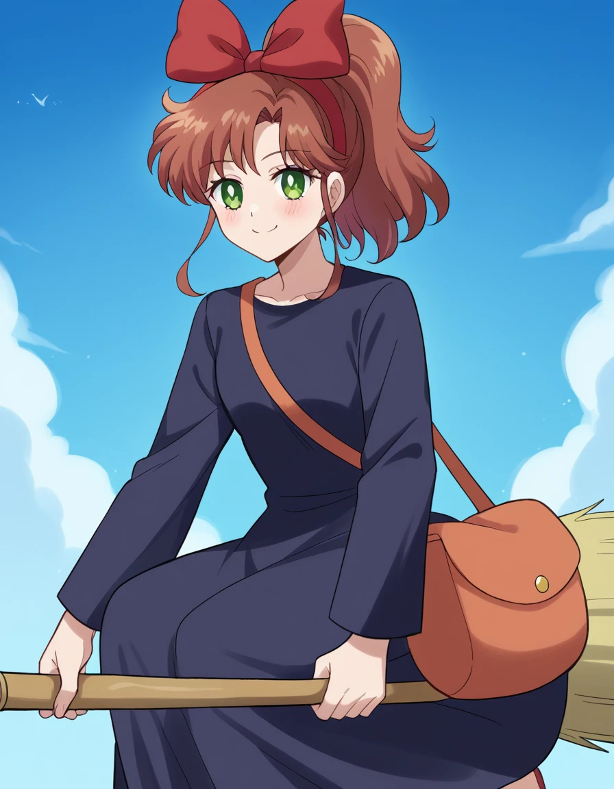 score_9, score_8_up, score_7_up, source_anime, <lora:makoto-kino-eternal-movie1-ponyxl-lora-nochekaiser_r1:1>, makoto kino, brown hair, circlet, green eyes, hair bobbles, hair ornament, medium hair, ponytail, sidelocks, parted bangs,, <lora:witch-kiki-cosplay-ponyxl-lora-nochekaiser:1>, witch kiki cosplay, kiki (majo no takkyuubin) (cosplay), bag, black dress, bow, bow hairband, cosplay dress, hairband, long dress, red bow, red hairband, shoulder bag, sleeves past elbows,, blue sky, broom, broom riding, smile, blush,, cowboy shot, looking at viewer,