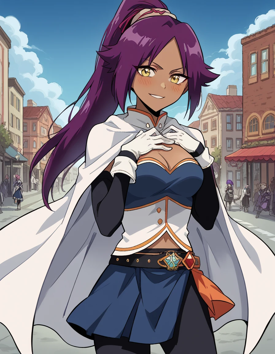 score_9, score_8_up, score_7_up, source_anime, <lora:yoruichi-shihouin-ponyxl-lora-nochekaiser:1> yoruichi shihouin, long hair, yellow eyes, ponytail, purple hair, dark skin, dark-skinned female, medium breasts, <lora:miki-sayaka-cosplay-ponyxl-lora-nochekaiser:1>, miki sayaka cosplay, miki sayaka (cosplay), belt, black sleeves, blue skirt, cape, cosplay, dress, gloves, gem, skirt, sleeveless, sleeveless dress, white cape, white gloves,, streets, outdoors, smile, blush, hands on own chest, cowboy shot, looking at viewer,