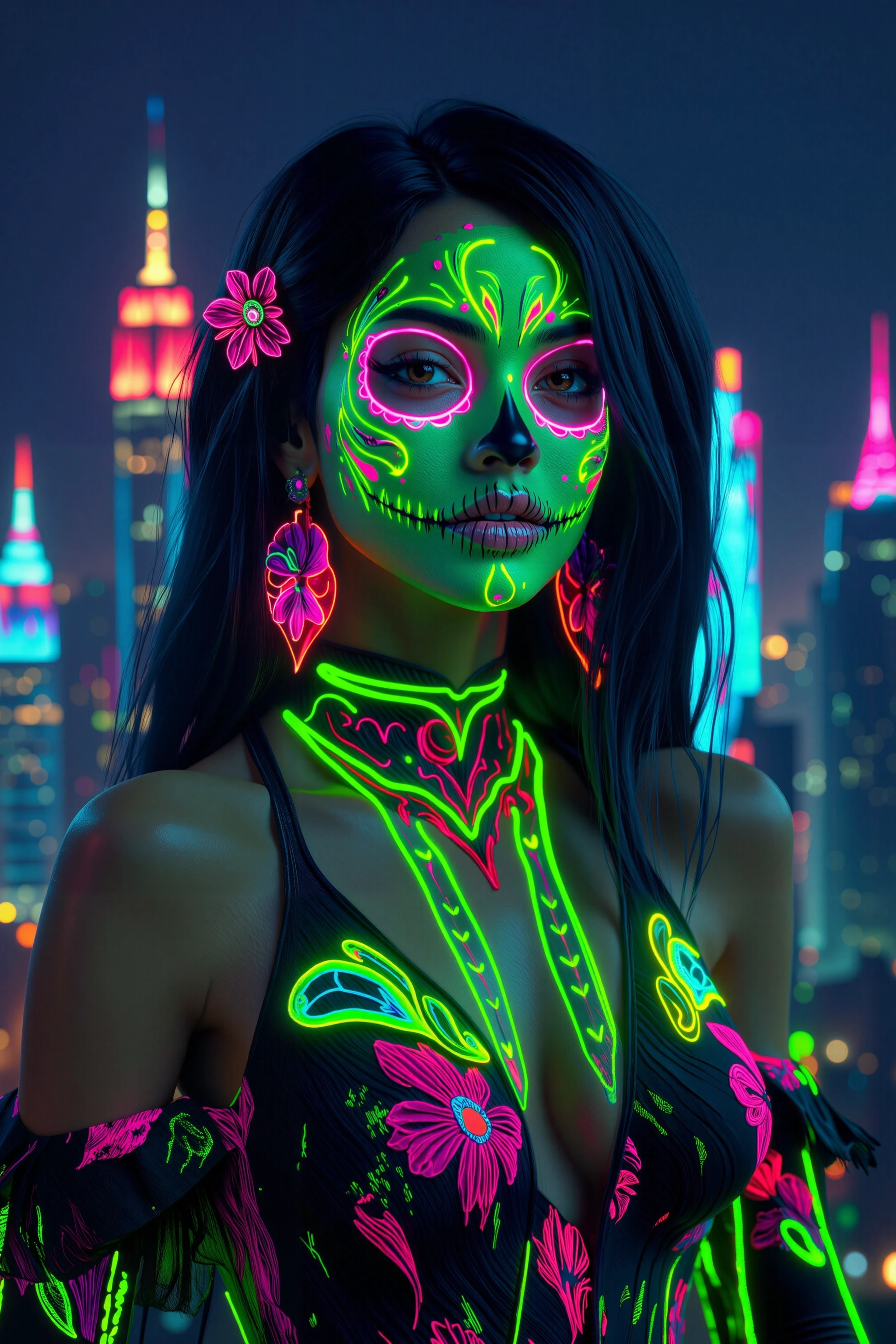 IMG_0012.JPG, Woneon_facepaintflx, A gorgeous woman with jet-black hair, neon-green and pink sugar skull face paint with floral patterns, bright neon accents highlighting her features, standing in front of a neon-lit city skyline, wearing a neon-lined futuristic dress and glowing earrings, photo-realistic, highly detailed,