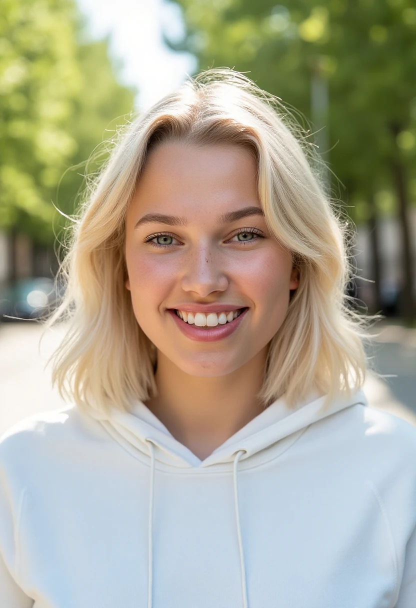 A portrait photo of tisifi, a young blonde woman. She is wearing skade makeup. She is smiling. She is wearing a white modern casual hoodie. The background is blurry and shows an inner city park on a sunny day.