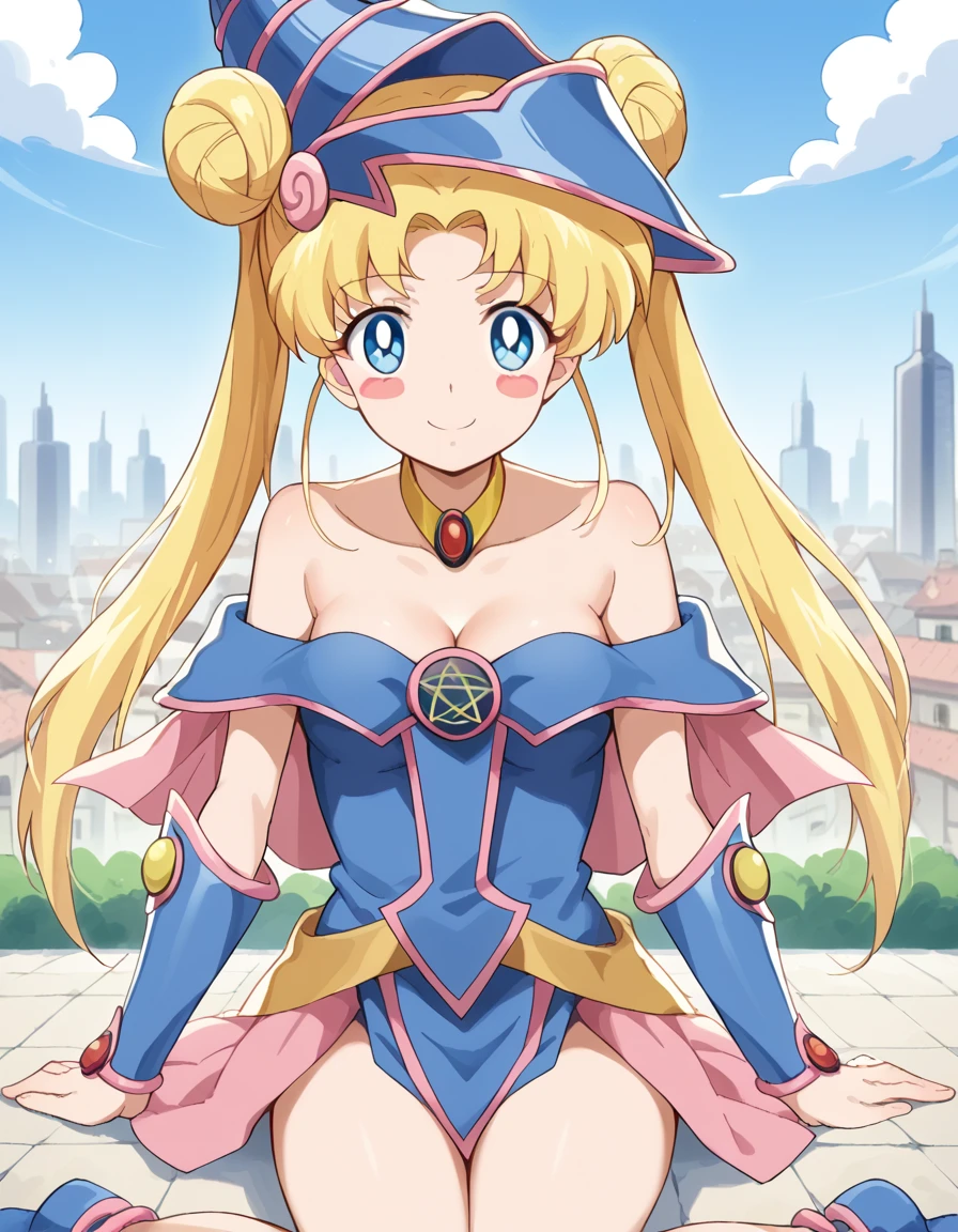 score_9, score_8_up, score_7_up, source_anime, <lora:usagi-tsukino-eternal-movie1-ponyxl-lora-nochekaiser:1>, usagi tsukino, blonde hair, blue eyes, double bun, hair bun, hair ornament, long hair, twintails, circlet, parted bangs,, <lora:dark-magician-girl-cosplay-ponyxl-lora-nochekaiser:1>, dark magician girl cosplay, dark magician girl (cosplay), bare shoulders, blue footwear, blush, blush stickers, cleavage, collarbone, duel monster, hat, off shoulder, pentacle, wizard hat,, outdoors, cityscape, sitting, smile, blush, cowboy shot, looking at viewer