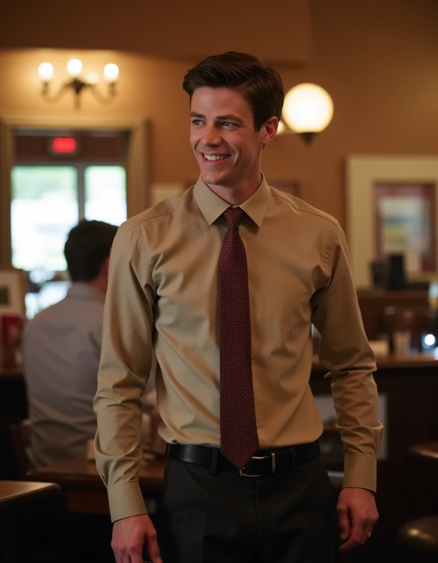 <lora:The_Flash_Flux:1> This is an image of Barry Allen wearing a a button up shirt and tie standing in a cafe, looking at the viewer, smile