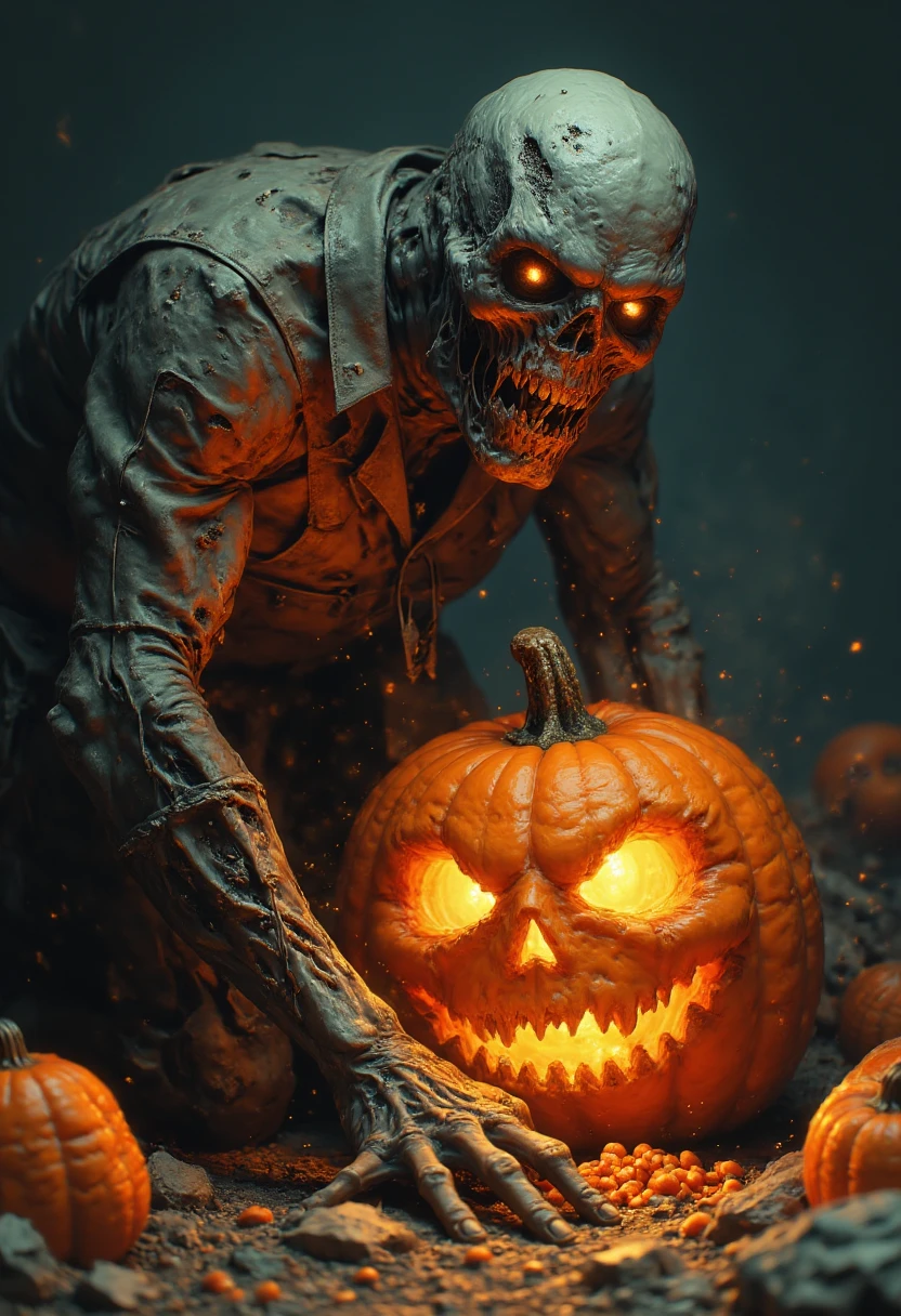 Brain Eaters. A Zombie stands over a Jack'O'Lantern. The zombie reaches it's hand inside the jack'o'lantern and pulls out a handfull of candy corns. Spooky Halloween scene.