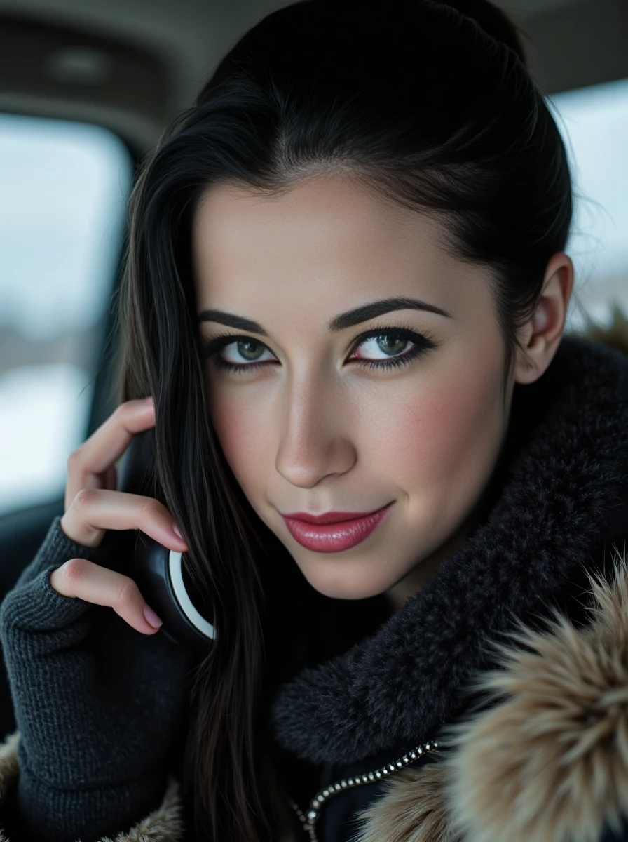 close up photo of a dressed woman on the phone, with sleek ponytail hair, her pale skin has a high detailed texture and shows details like moles, small hairs and pores, her expression is seductive smile, she is wearing an Inuit hunter's gear with a sealskin parka, fur-lined boots, and mittens, designed for the harsh Arctic environment. Set inside, with a natural lighting. <lora:alexclora-000012:1.1>