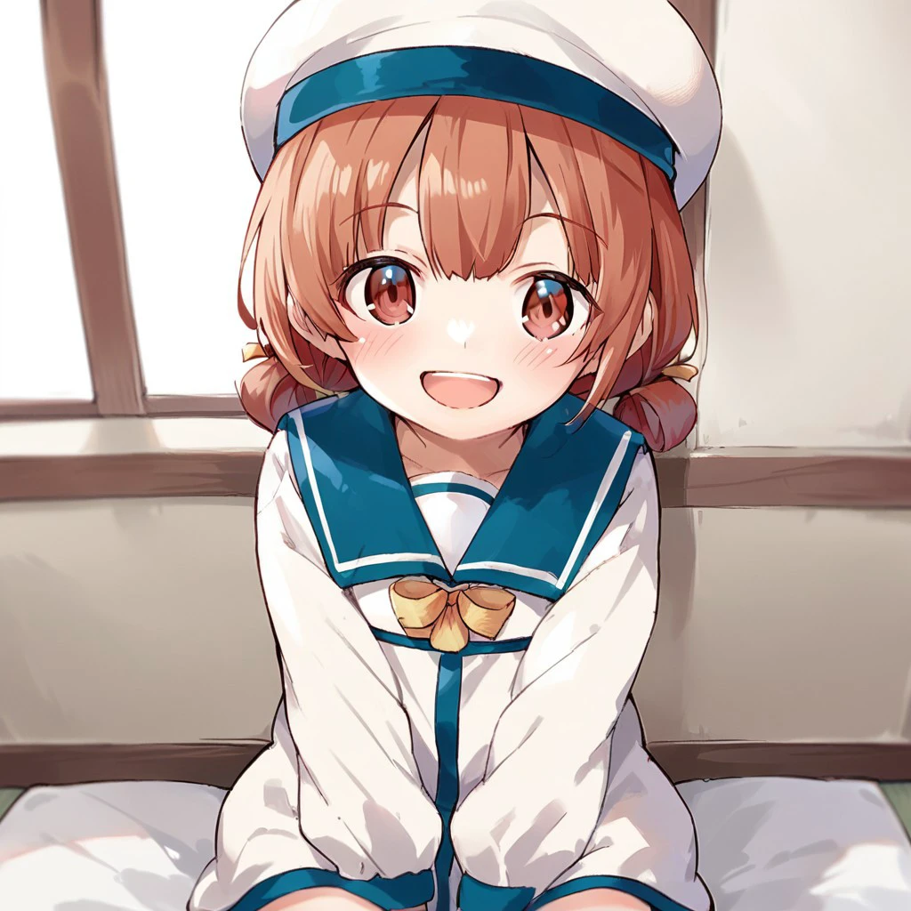 score_9, score_8, score_7, source_anime, kaiboukan yotsu (kancolle), sitting, hat, POV, looking at viewer, blush, smile, open mouth, upper teeth only, sunset