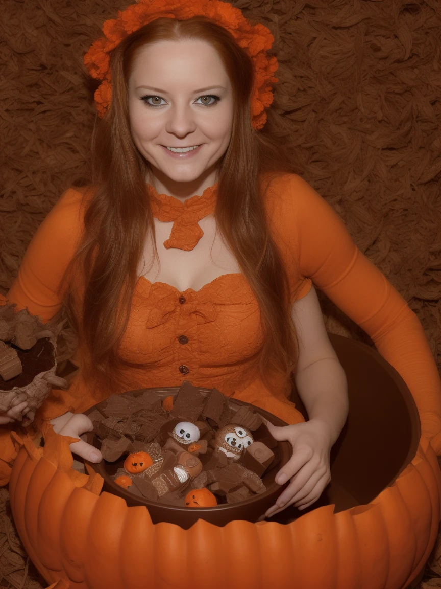 a professional absurdres sharp focus intricately detailed photograph of (Barbara_Meier:1.1),
She's wearing a pumpkin-themed halloween costume. She is smiling at you and offering candy from a Halloween-themed bowl containing all kinds of sweets, like chocolate bars and eyeballs. Staring into your soul with glowing eyes.
 <lora:Barbara_Meier-SDe12:0.8>