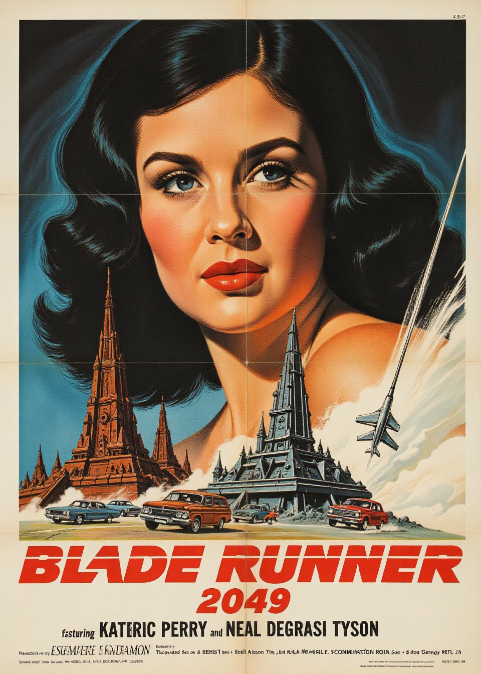 vintage movie poster for "Blade Runner 2049", starring Katy Perry and Neal DeGrasse Tyson
