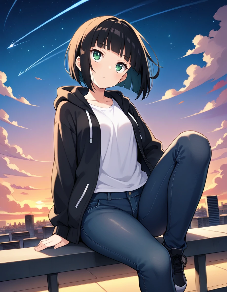 masterpiece, best quality,
1girl, tomboy, black hair, green eyes, head tilt, black hooded jacket, white T-shirt, jeans, knee up, sitting, city, evening, wind, from below, starry sky, looking up, hime cut, short hair, rooftop, contrail,