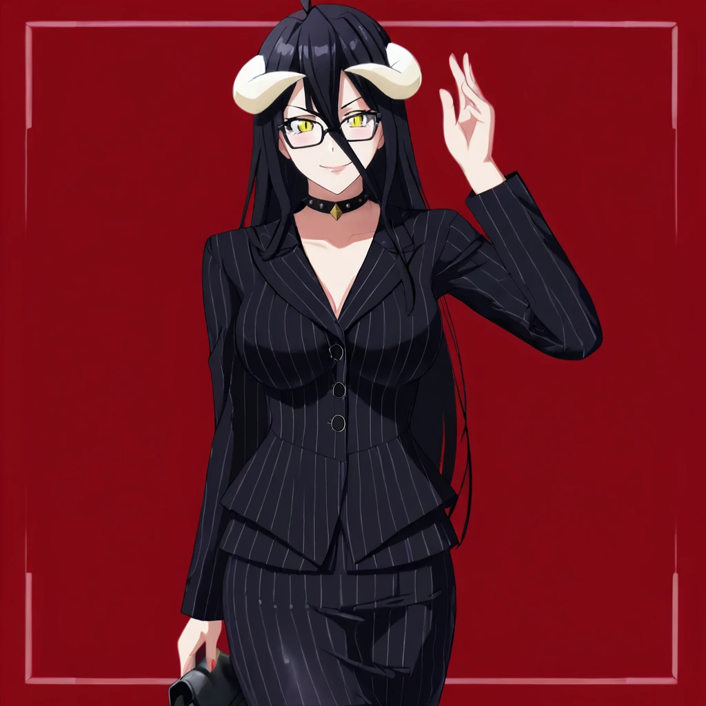 <lora:albedo_pony_v1:0.8> Albedo, 1girl, solo, albedo (overlord),  black hair, yellow eyes, large breasts,  demon girl, hair between eyes, slit pupils, devil horn,  cowboy shot , <lora:0856 OL professional suit skirt 1_v1_pony:1> ruanyi0856,striped jacket,choker,black pantyhose,striped skirt,glasses,black skirt,pinstripe pattern