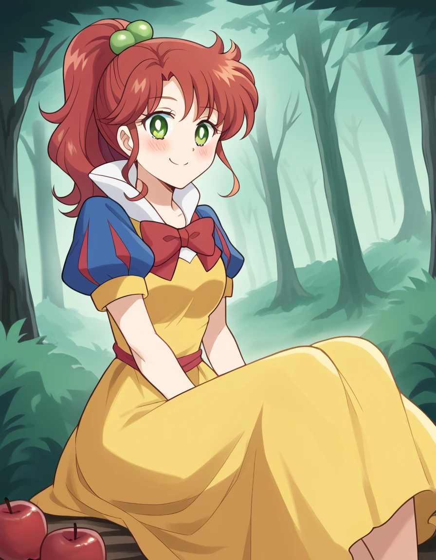 score_9, score_8_up, score_7_up, source_anime, <lora:makoto-kino-eternal-movie1-ponyxl-lora-nochekaiser_r1:1>, makoto kino, brown hair, circlet, green eyes, hair bobbles, hair ornament, medium hair, ponytail, sidelocks, parted bangs,, <lora:snow-white-cosplay-ponyxl-lora-nochekaiser:1>, snow white cosplay, snow white (disney) (cosplay), cosplay, dress, hair bow, puff and slash sleeves, puffy short sleeves, puffy sleeves, red bow, short sleeves, skirt, yellow skirt, yellow dress,, forest, sitting, smile, blush, apple,, cowboy shot,