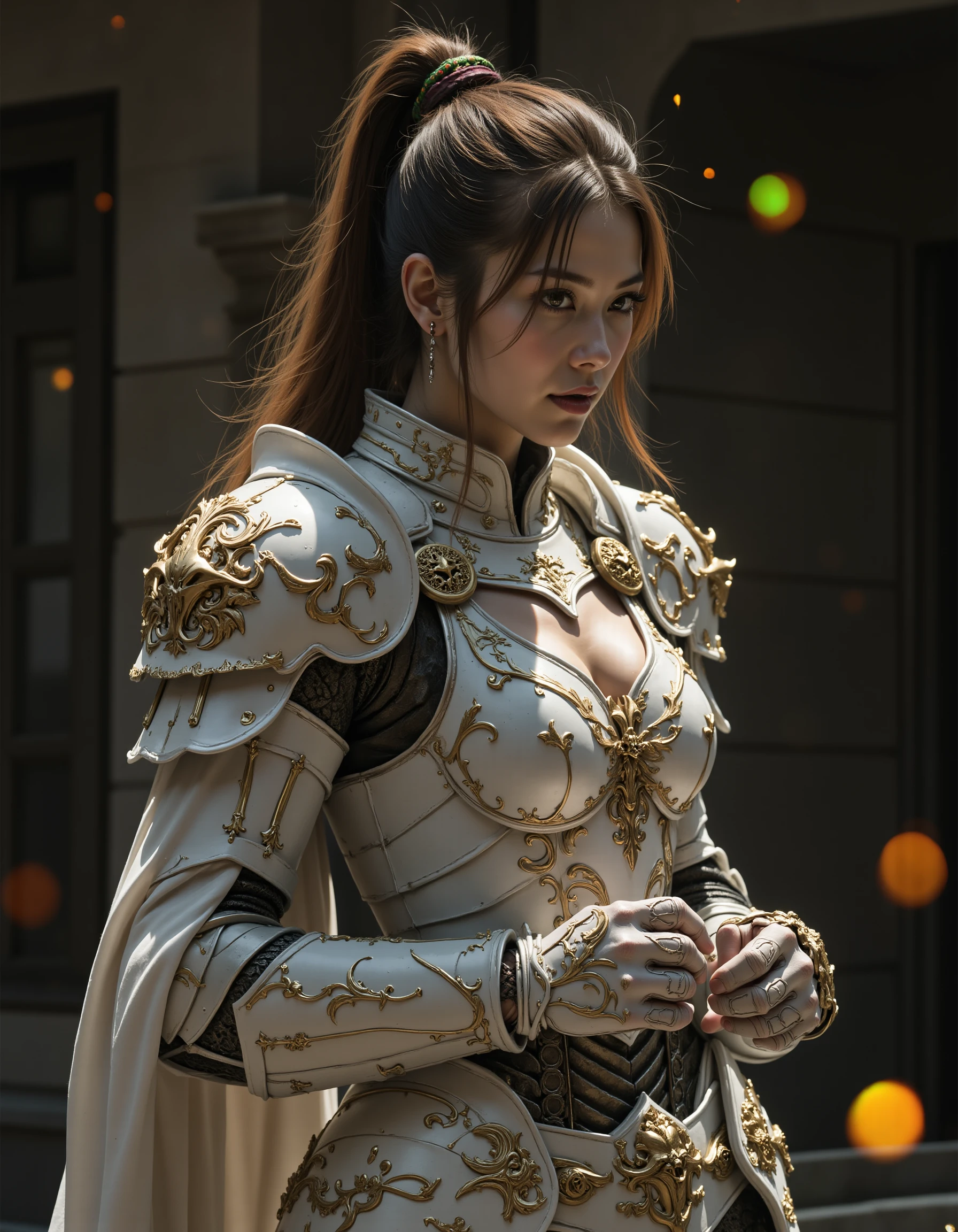a woman, cute face, standing, upper body, show breasts, cleavage, pov, hug, enfold, vertically, knight, hot spring background, dark theme, high key light, rim light, spark rainbow light reflection, fantasy white armor
<lora:hinaFluxFantasyArmorMix-dev_v1-rev1:0.6>
<lora:hinaFluxAsianMixLora_v3-rev1:0.9>