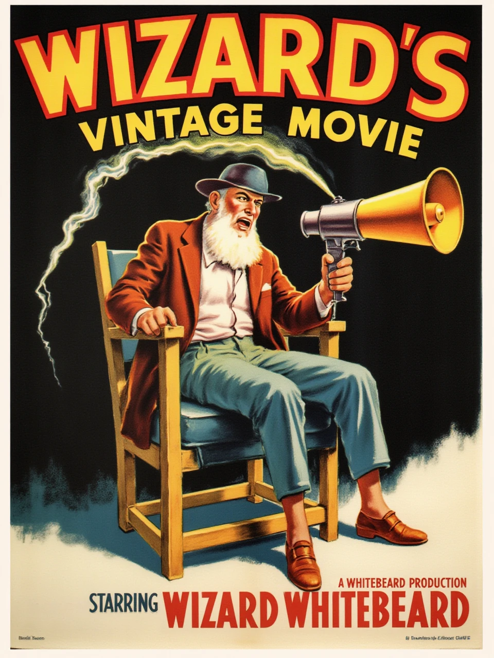 vintage movie poster for "Wizard's Vintage Movie". Featuring a pulp art illustration of an angry Wizard Whitebeard sitting on a director's chair, shouting out commands with an old-fashioned director’s megaphone.