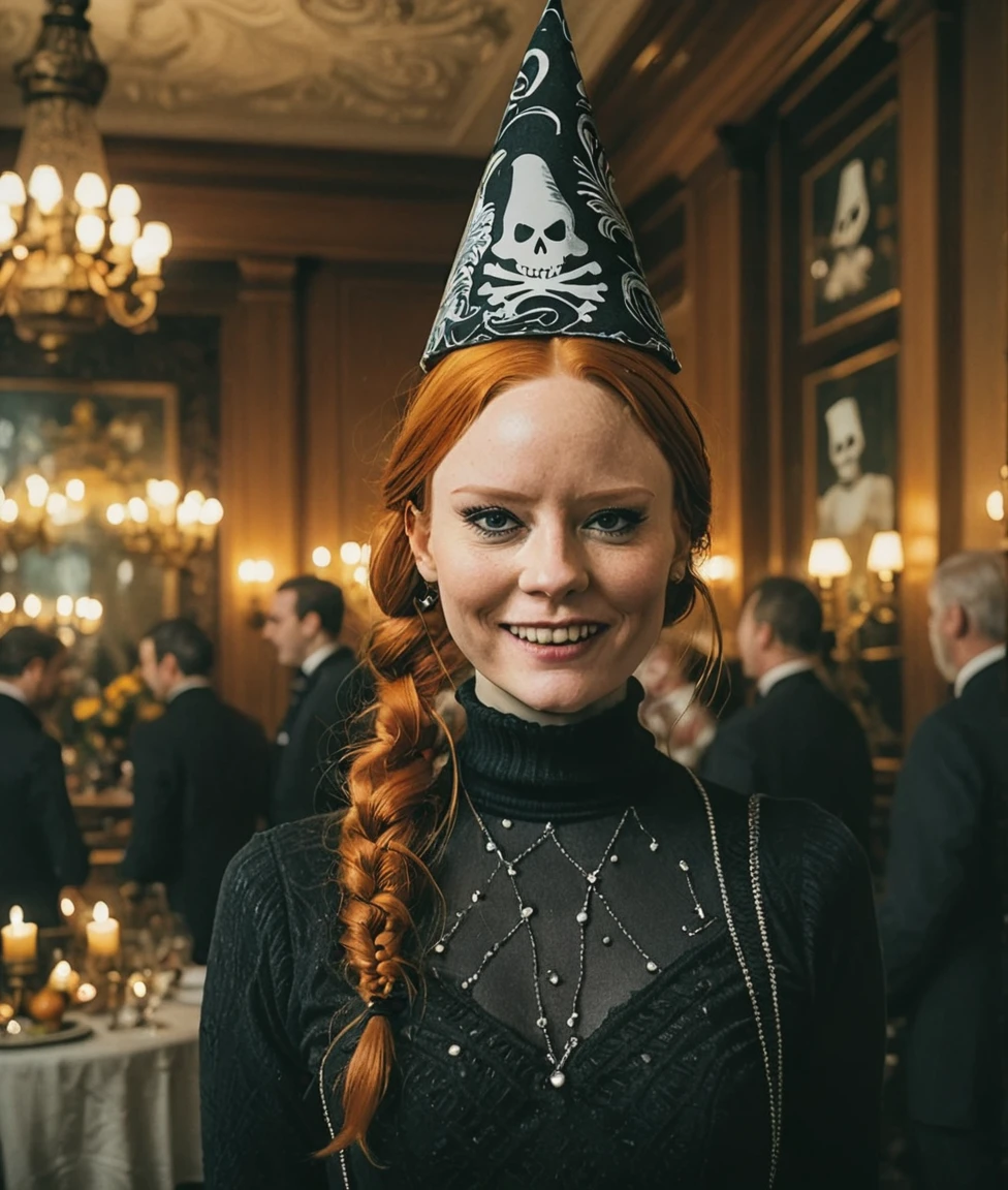 a professional absurdres sharp focus intricately detailed full torso photograph of Barbara_Meier,
She's wearing a turtleneck and quasi-victorian in the lobby of a haunted hotel with a mischievous grin, putting a party hat onto the head of a ghost,
The background is dark and epic, The overall tone is intense, dark fantasy,  but with slivers of whimsy throughout,
 <lora:Barbara_Meier-SDXL10:1>  <lora:CBS_novuschroma37 style_b:1> novuschroma37 style