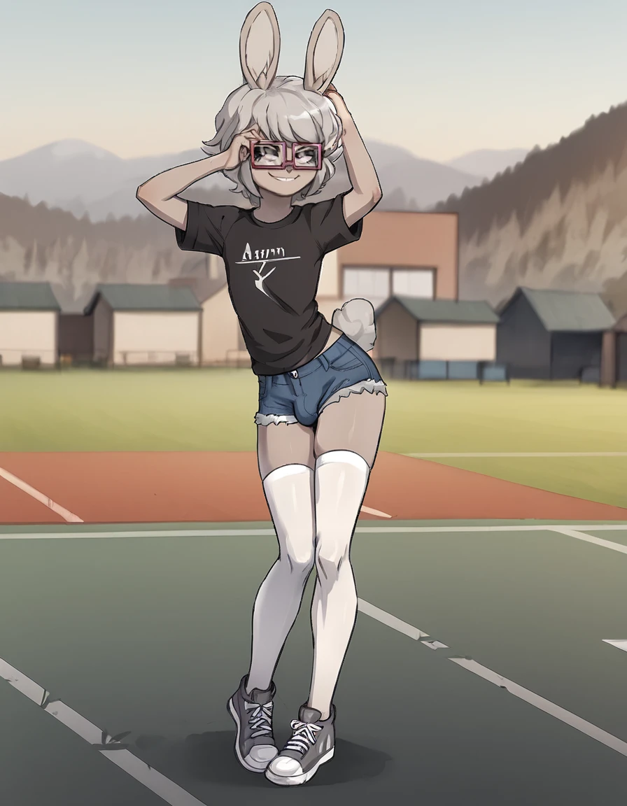 outdoors,
detailed background,
Grayson,1boy,solo,short hair,rabbit ears,glasses,grey hair,rabbit tail,seductive smile,long eyelashes,full body,
denim shorts,black t-shirt,white thighhighs,sport footwear,
<lora:Grayson_v01_PDXL:1>,
<lora:add-detail-xl:1>,