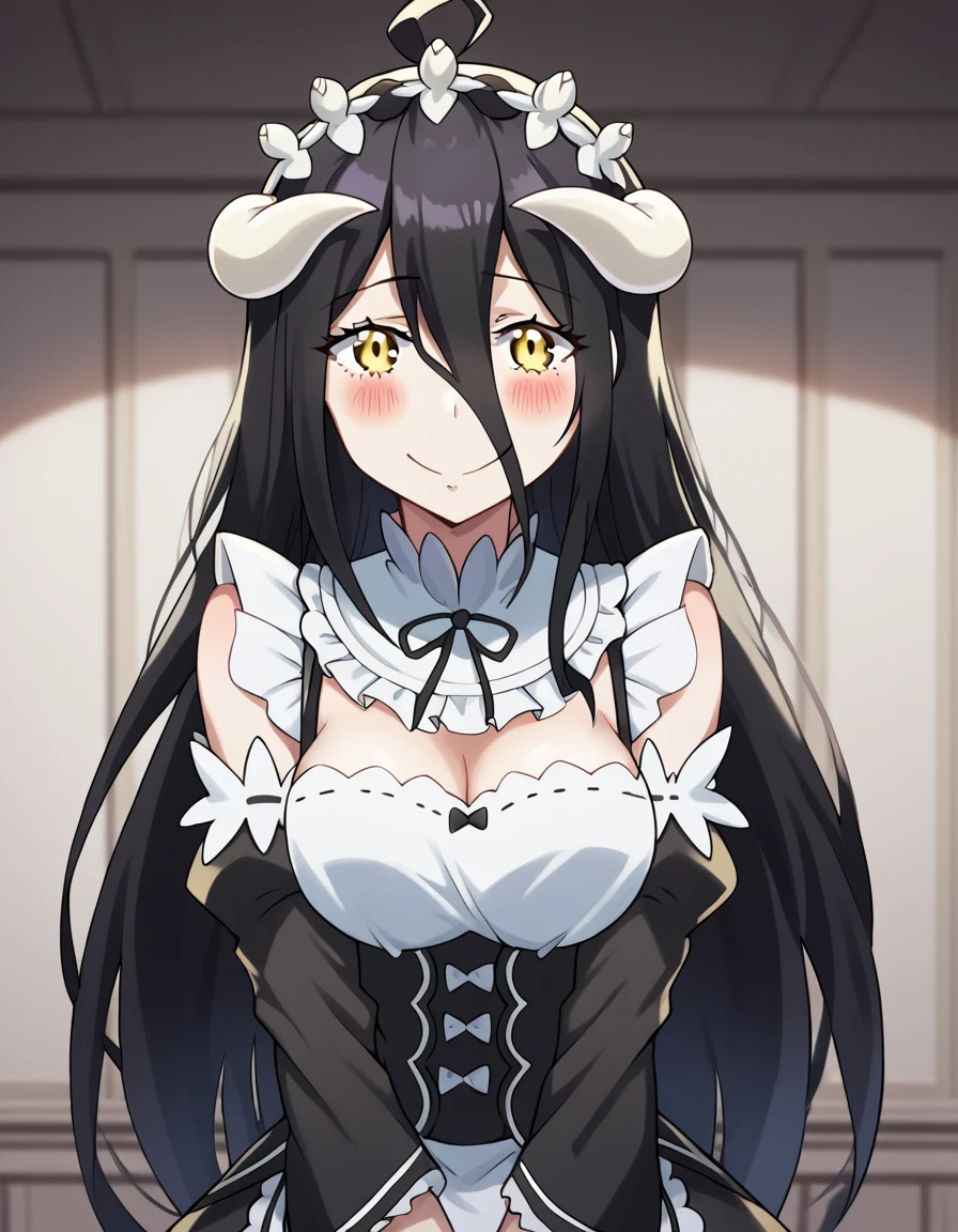 score_9, score_8_up, score_7_up, source_anime, <lora:overlord-albedo-s1s2-ponyxl-lora-nochekaiser:1>, albedo, ahoge, black hair, horns, long hair, yellow eyes, large breasts,, <lora:rezero-ram-cosplay-ponyxl-lora-nochekaiser:1>, rezero rem cosplay, rem (re:zero) (cosplay), roswaal mansion maid uniform, cosplay, maid, enmaided, underbust, detached sleeves,, indoors, smile, blush, v arms, cowboy shot, looking at viewer