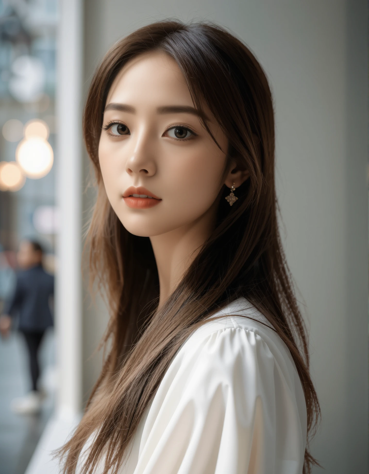 best quality, masterpiece, raw photo of a female in white dress, close up face, brown hair, fashion accessories, looking at viewer, indoor, day time, professional photo, high contrast exposure, soft bokeh, high key light, hard shadow, soft bokeh, simple background, white background,
