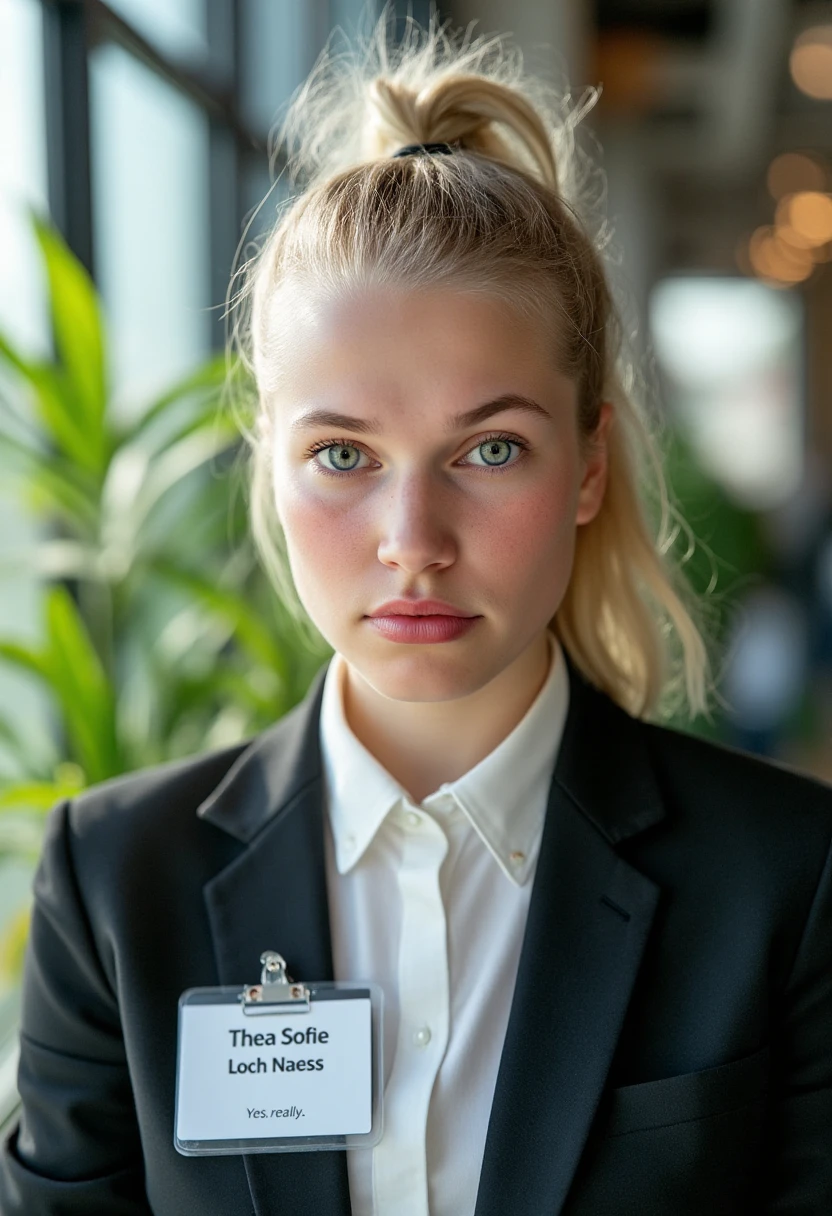 A portrait photo of tisifi, a young blonde woman. She is looking straight at the viewer with a serious and angry expression on her face. Her hair is bound to a ponytail. Her eyebrows are drawn down. Her mouth is closed, her lips are pressed together. She is wearing a professional white shirt and a black business suit. A simple ID badge with black bold text name "Thea Sofie Loch Naess" and smaller title "Yes, really." is clipped to the suit jacket. The background is blurry and shows a modern office with house plants. Sunlight is shining through large windows.