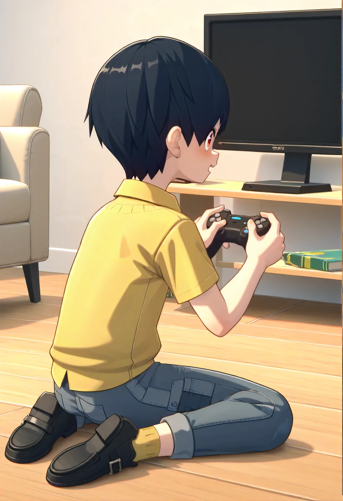 score_9, score_8_up, score_7_up, score_6_up, score_5_up, score_4_up, BREAK source_anime, masterpiece,
1boy, solo, child, male child, medium hair, black hair, red eyes, 
yellow collared shirt, ragged jeans, cuffed jeans, yellow socks, black boots, short sleeves,
sitting, looking at tv screen, concentrated, furrowed brow, playing a videogame, controller in hands, from the side, side view, profile, 
indoors, bedroom,
 <lora:Shawn_from_ZZZ_Zenless_Zone_Zero_Pony:1>