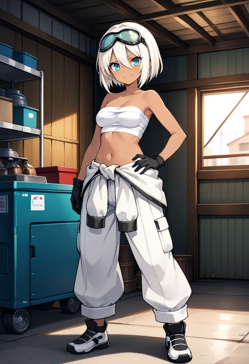 masterpiece, best quality,
1girl, platinum blonde hair, teal eyes, sarashi, black gloves, closed mouth, medium breasts, full body, goggles on head, hair between eyes, hand on own hip, short hair, jumpsuit around waist, looking at viewer, shoes, smile, solo, standing, white hair, white jumpsuit, indoors, garage, brown skin,