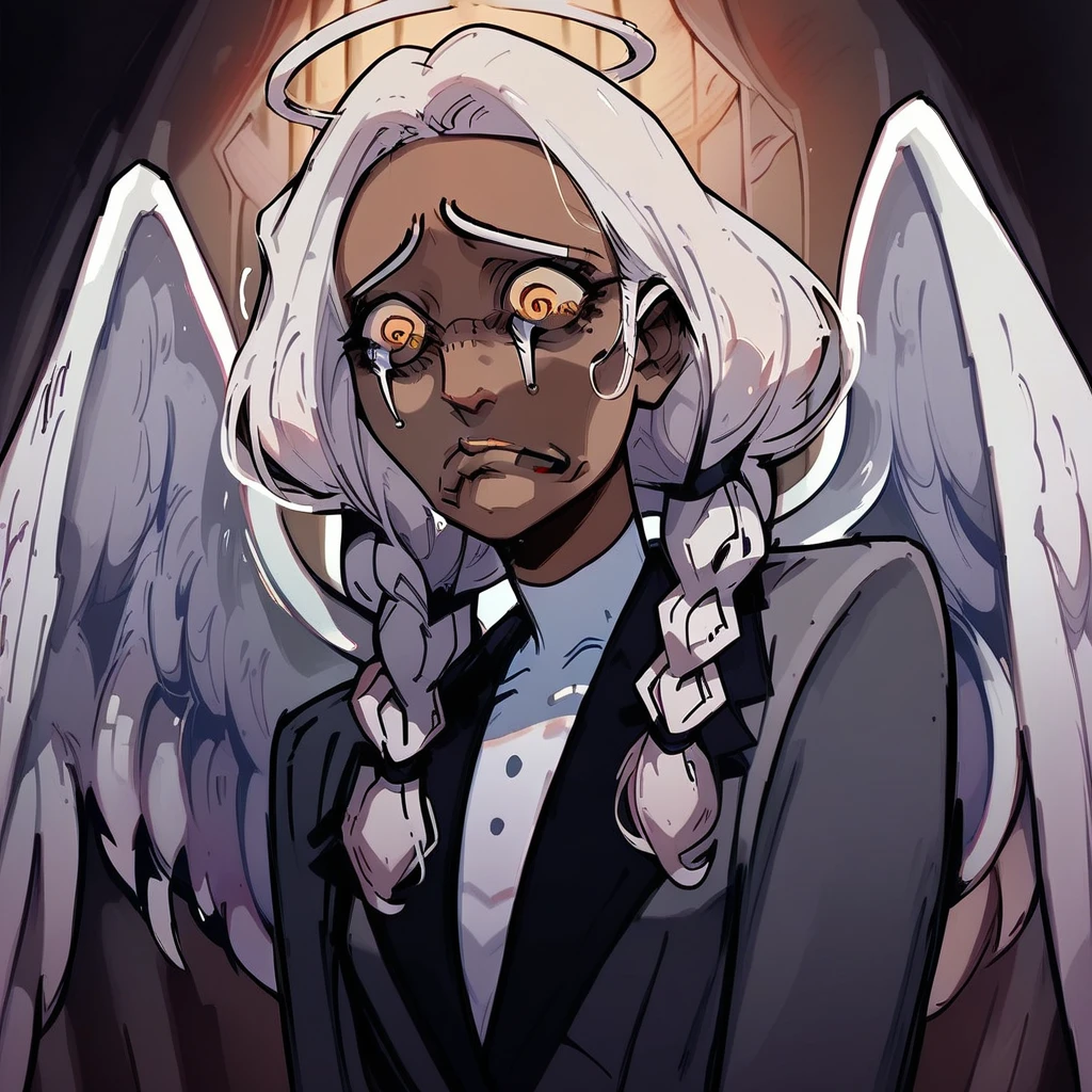 score_9, score_8_up, score_7_up, <lora:Angelgoober1:1> Angelgoober1, Angel, angel girl, dark skin, dark skinned female, white hair, twin braids, angel wings, feathered wings, suit, grey suit, yellow eyes, expressive, exaggerated expression, expressive goober