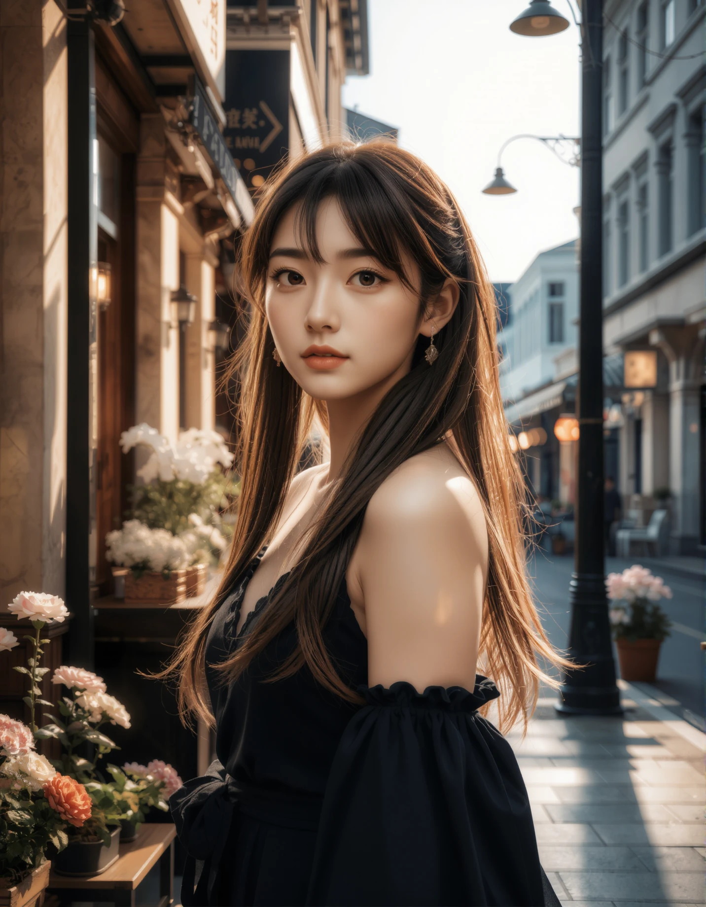 A photograph of an incredibly beautiful 18-year-old girl with long, stylish gradient brown hair, standing confidently at a street during daylight. The natural light highlights her confident posture and elegant features, contrasts beautifully with her modern, stylish appearance. The atmosphere is serene, with the warm sunlight casting soft shadows and enhancing the overall balance between youthfulness and cultural heritage in the composition. Delicate flower and plant arrangements adorn her surroundings, bathed in dynamic chiaroscuro's dramatic play of light and shadow. High-resolution details reveal perfect anatomy, drawing the viewer in with its awe-inspiring beauty. The scene is centered, radiating an atmosphere of mystery as the subject's captivating pose fills the frame. With a smooth, sharp focus, the illustration bursts forth in high definition, accent lighting casting an otherworldly glow amidst contrasting bright paint colors on concept art.