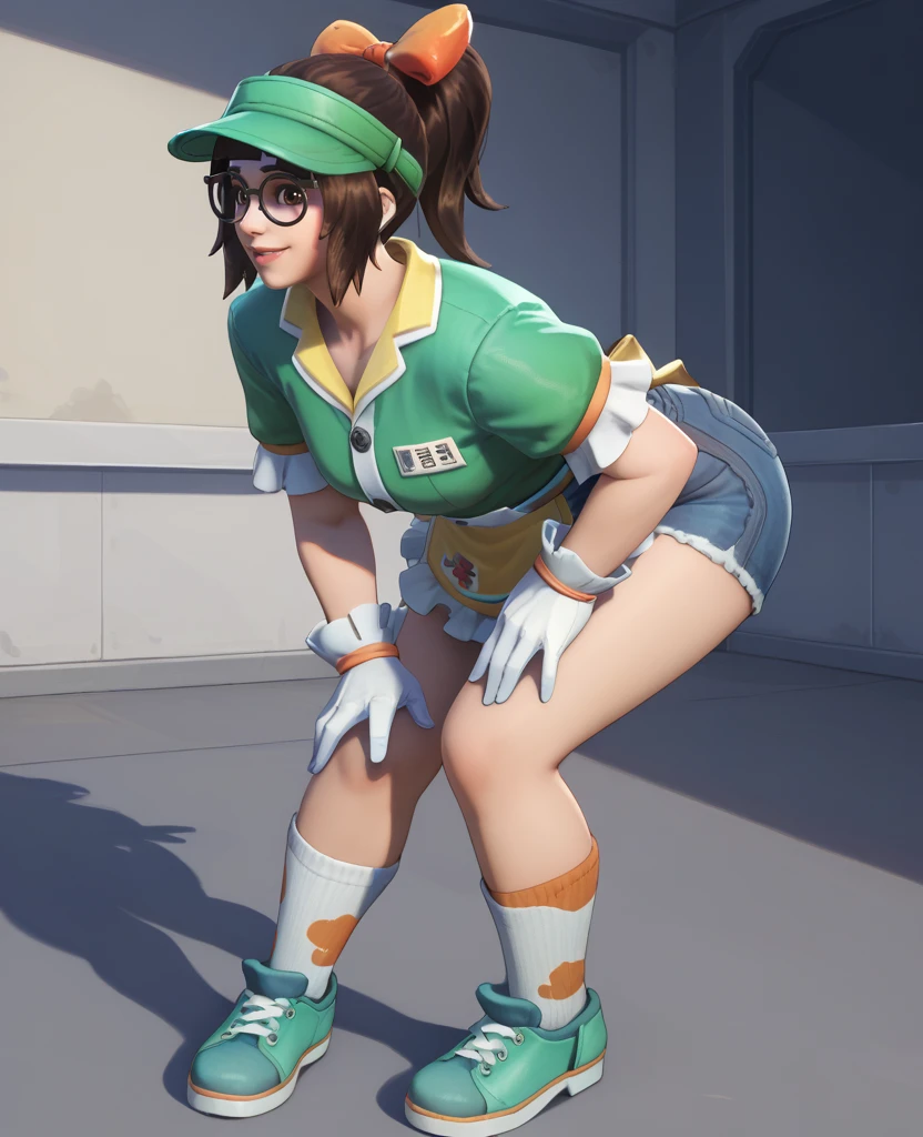 score_9, score_8_up, score_7_up, score_6_up, score_5_up, score_4_up, realistic, <lora:HoneyDew_Mei-000005:0.8>, hdmei1, 1girl, solo, short hair, ponytail, white gloves, hat, visor cap, glasses, green shirt, name tag,  bow, brown eyes, short sleeves, sidelocks, frills, socks, shoes,  denim shorts, short shorts, apron BREAK curvy, bent over, ass, from behind, ass grab, portrait, standing, grabbing own ass