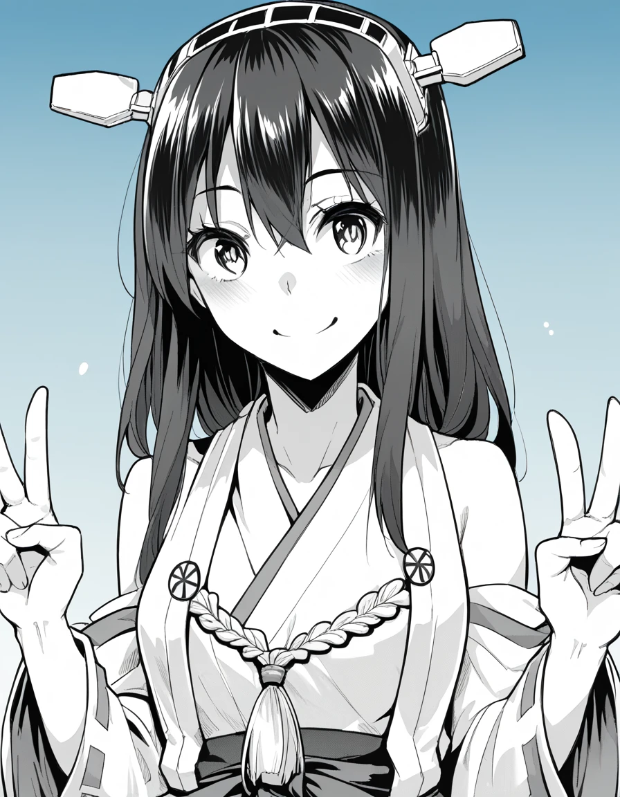 score_9, score_8_up, score_7_up, source_anime, <lora:saki-yoshida-manga-ponyxl-lora-nochekaiser:1>, saki yoshida, long hair, hair between eyes, monochrome, greyscale, black hair, medium breasts, <lora:kancolle-kongou-cosplay-ponyxl-lora-nochekaiser:1>, kancolle kongou cosplay, kongou (kancolle) (cosplay), kongou pose, nontradional miko, cosplay, ribbon-trimmed sleeves, ribbon trim, bare shoulders, headgear,, ocean, smile, blush, blue sky, v, cowboy shot, looking at viewer,