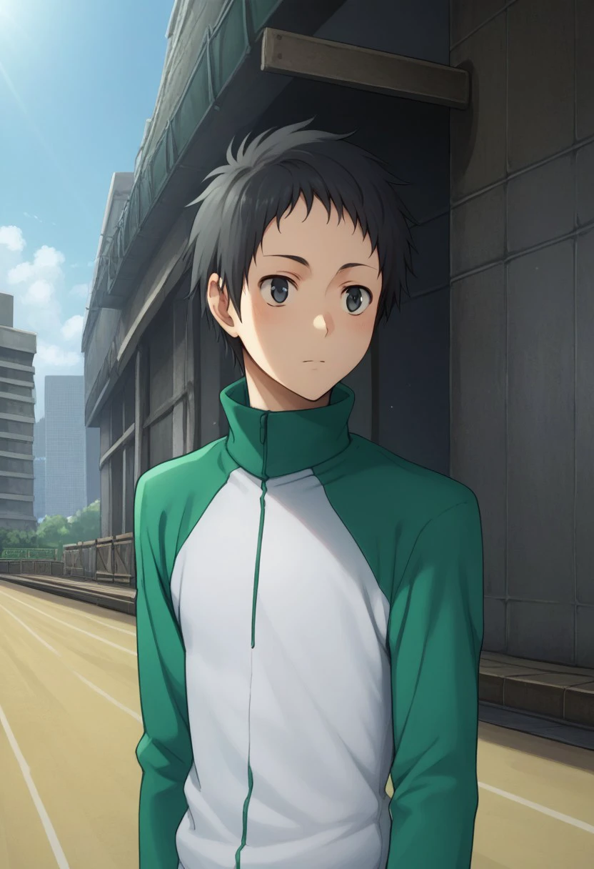 score_9, score_8_up, score_7_up, source_anime, highly detailed, 
mika, 1boy, male focus, solo, black hair, black eyes, jacket, track jacket, raglan sleeves, green jacket, white jacket,
outdoor,