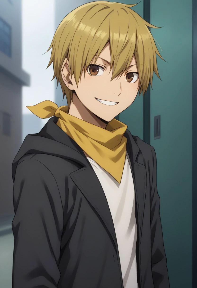 score_9, score_8_up, score_7_up, source_anime, highly detailed, 
masaomi, 1boy, male focus, solo, blonde hair, short hair, hair between eyes, brown eyes,  neckerchief, yellow neckerchief, jacket, black jacket, open jacket, open clothes, shirt, white shirt, smile, determined
outdoor,