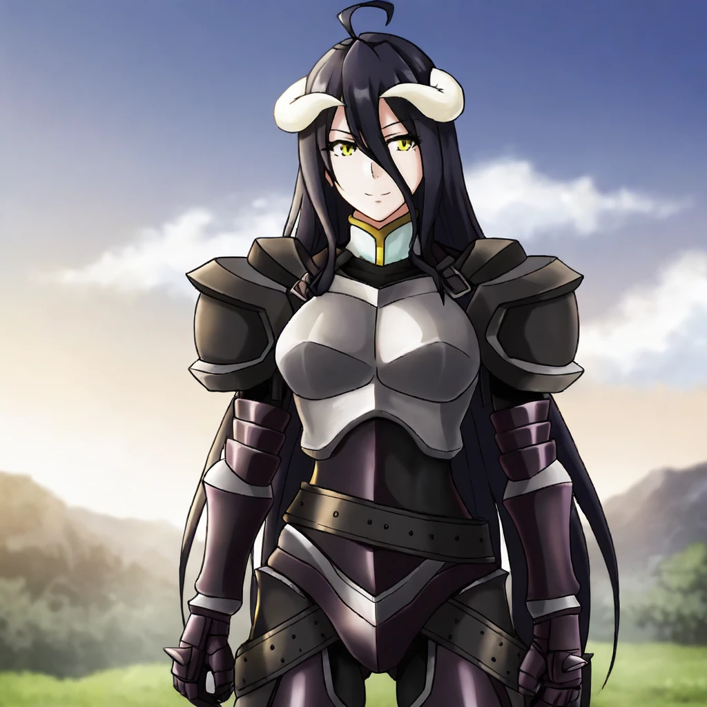 <lora:albedo_pony_v1:.8>  AlbedoArmor, albedo (overlord), 1girl, solo demon horns, shoulder armor, black hair, yellow eyes, demon girl, hair between eyes, pauldrons, breastplate, cowboy shot