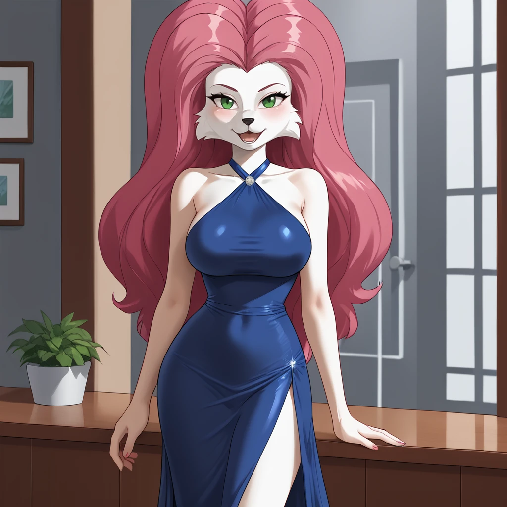 <lora:jennybuckyohare_pony_v1:.8> JennyBuckyOHare, 1girl, solo, large breasts, furry female, green eyes, big hair, pink hair, body fur,  white skin, white fur, snout, <lora:0932 Home wear 9_v1_pony:1> ruanyi0932,blue dress,halter dress,sleeveless,cowboy shot,taut dress,skin tight,long dress