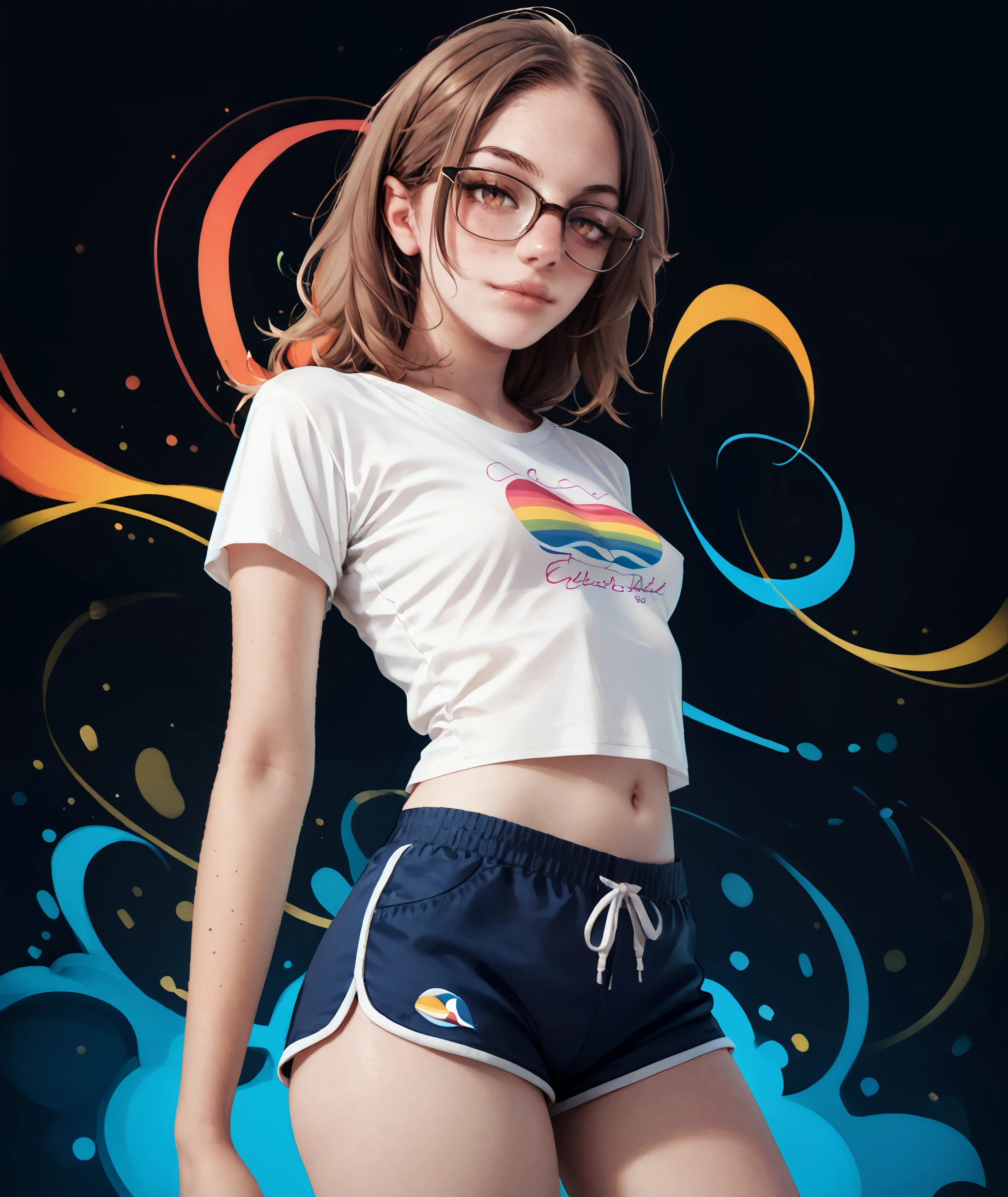 rating_explicit, rating_questionable, score_9, score_8_up, score_7_up, n3rd, glasses, brown eyes, brown hair, small breasts, Sexy, standing, thin printed tee shirt, black dolphin shorts, (Abstract background:1.25), (colorful background:1.3), neon background, Dark theme, black background, neon pink and blue streak background