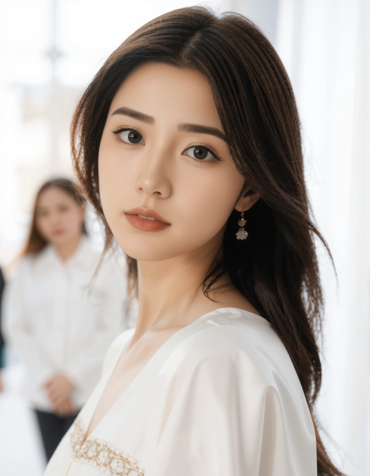 best quality, masterpiece, raw photo of a female in white dress, close up face, brown hair, fashion accessories, looking at viewer, indoor, day time, professional photo, high contrast exposure, soft bokeh, high key light, hard shadow, soft bokeh, simple background, white background,