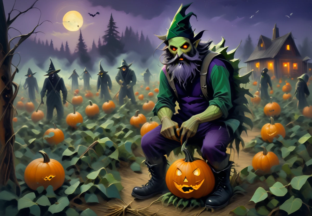 ((Haunted Lumberjack)) in the (Pumpkin Patch), created in the style of Sinister using Oil Painting, and a palette of Wicked Witch: Poison Green, Deep Violet, Midnight Black, Emerald Green, Moonlight Silver,  <lora:artfullyHW24:1>,