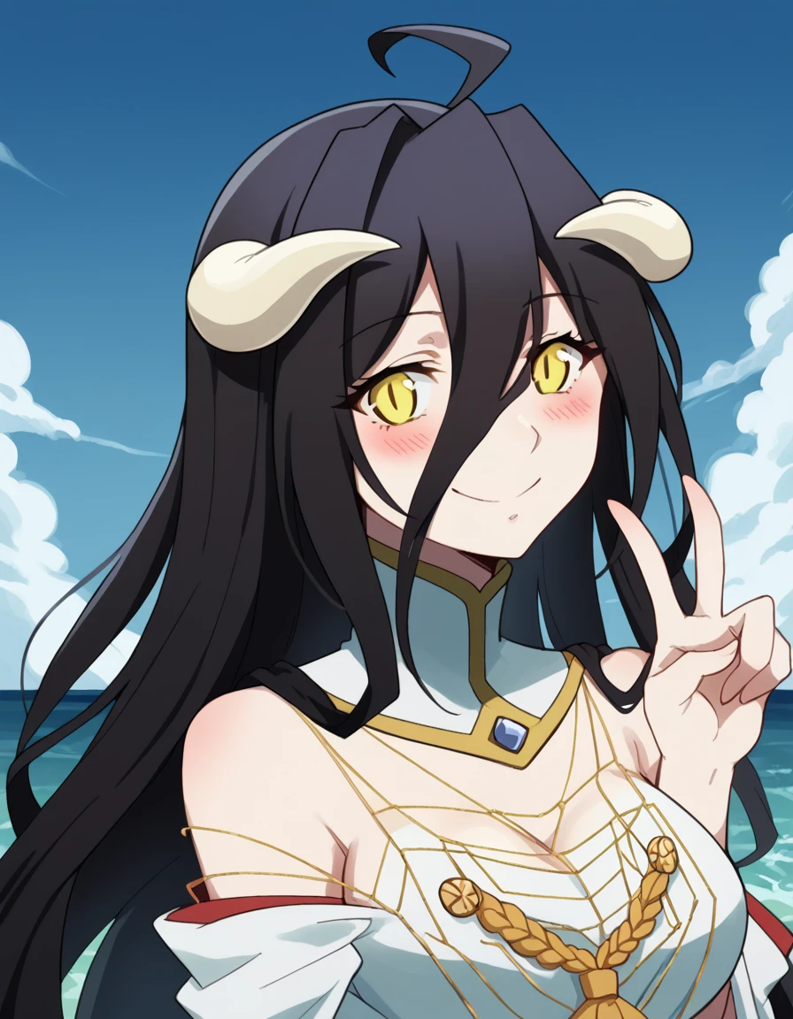 score_9, score_8_up, score_7_up, source_anime, <lora:overlord-albedo-s1s2-ponyxl-lora-nochekaiser:1>, albedo, ahoge, black hair, horns, long hair, yellow eyes, large breasts,, <lora:kancolle-kongou-cosplay-ponyxl-lora-nochekaiser:1>, kancolle kongou cosplay, kongou (kancolle) (cosplay), kongou pose, nontradional miko, cosplay, ribbon-trimmed sleeves, ribbon trim, bare shoulders, headgear,, ocean, smile, blush, blue sky, v, cowboy shot, looking at viewer,