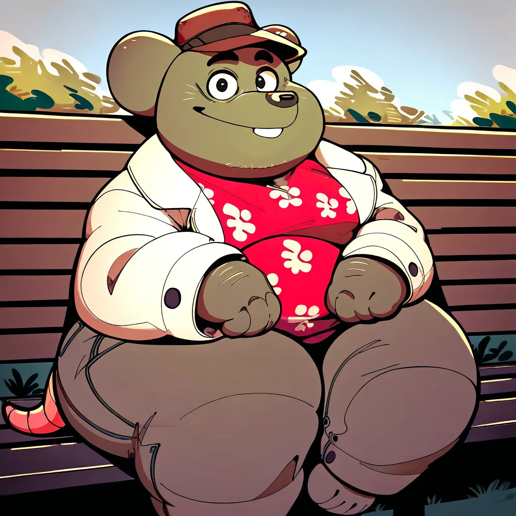 score_9, score_8_up, score_8, furry, Frankie, rat, cartoon style, 2d, overweight male, thick thighs, wide hips, solo, hat, overcoat, red undershirt, pants, sitting on bench, hands in lap, looking at viewer, smile, outside