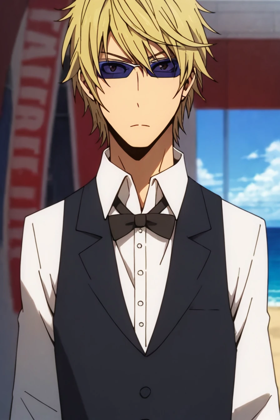 score_9, score_8_up, score_7_up, score_6_up, score_5_up, score_4_up,<lora:Heiwajima_shizuo-000015:0.8>, heiwajima shizuo, 1boy, blond hair, brown eyes, sunglasses, white shirt, sleeveless vest, collared shirt,  black vest, closed vest, black bowtie, black pants, standing, solo, alone, solo, masterpiece, highres, beach, sea, sand