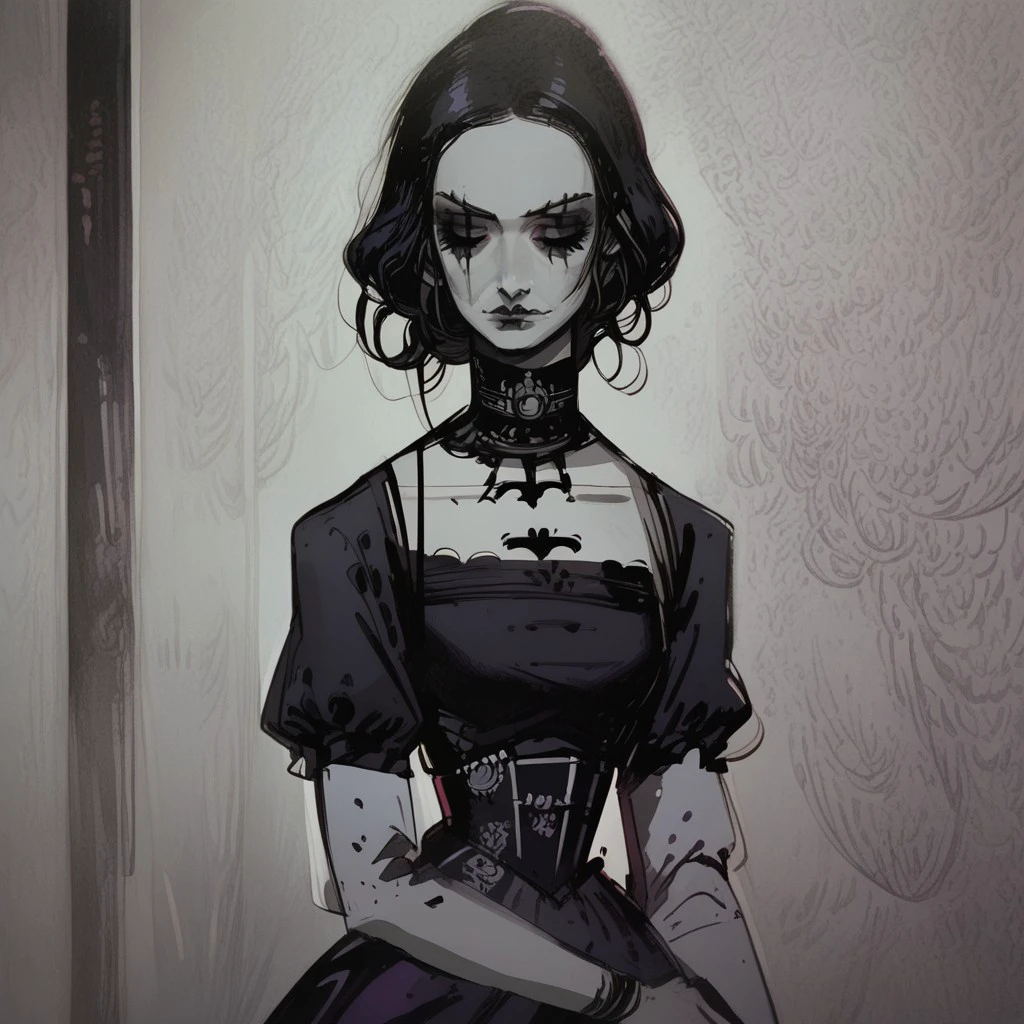 score_9, score_8_up, score_7_up, LeonardoDaVinciSketch, sketch, 1 girl, goth girl, victorian, victorian goth, goth dress, victoria dress