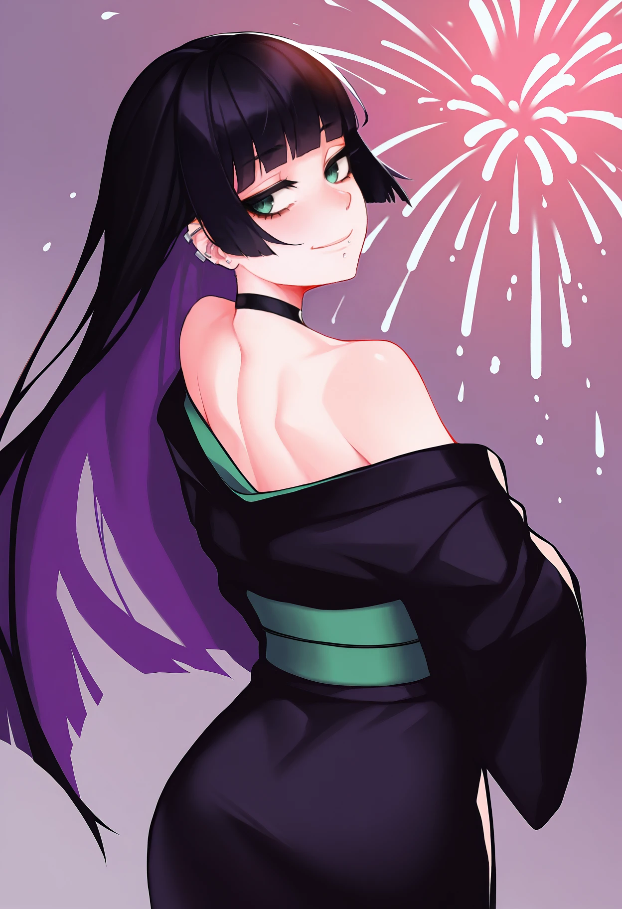 masterpiece, best quality, <break> from behind, solo, 1girl, p4s4n, ear piercing, lip piercing, smile, looking back, colored inner hair, black hair, purple hair, hime cut, green eyes, japanese clothes, black kimono, off shoulder, green sash, bare shoulders, fireworks
 <segment:yolo-face_yolov8m.pt,0.4,0.5//cid=1>