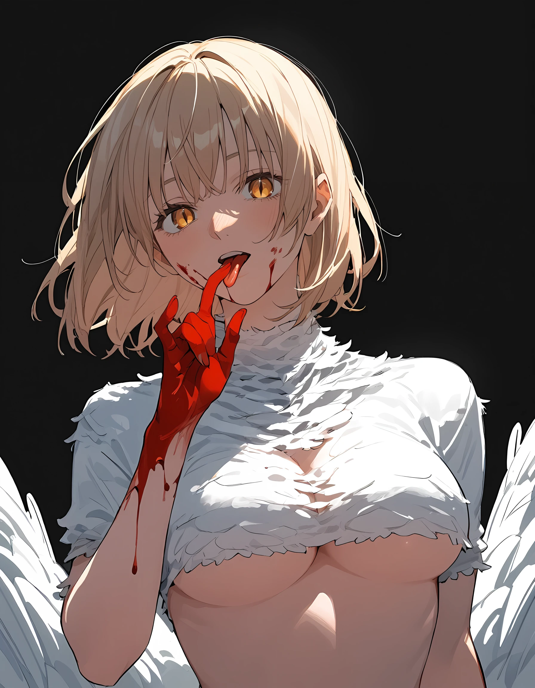 <lora:Falin:1>f4lin-thorden, 1girl, monster girl, large breasts, blood on hands, tongue out, underboob, feathered wings, navel, licking finger, looking at viewer, blood on face, feathers, slit pupils, black background, simple background, hand up, forked tongue, blush, nude,